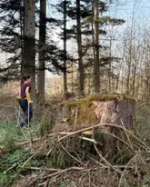 Frau im Wald mit Krücken