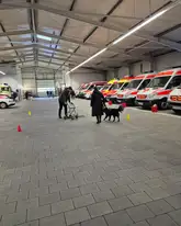Frau mit Rollator in einer Fahrzeughalle und eine Frau mit Hund zwischen Rettungswägen der Rettungshunde