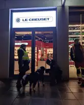 Mantrail Hundeführerin steht mit Hund bei Versteckperson die den Hund gerade vor einem Ladengeschäft mit Futter bestätigt