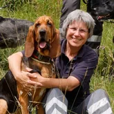 Rettungshundeteam beim Fotoshooting auf einer Wiese