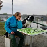 Palo und Yvonne Frau spielt mit Hund Mühle am Fluss