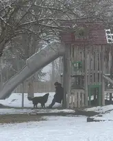 Hund Bellt Person unter einem Klettergerüst und Rutsche an