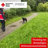 Mantrailerteam trailen an einem Weg entlang